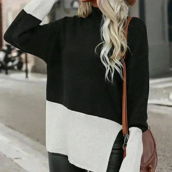 Multicolor Preppy Womens Two Tone Drop Shoulder Split Hem Drop Shoulder Sweater - Picture 2 of 6